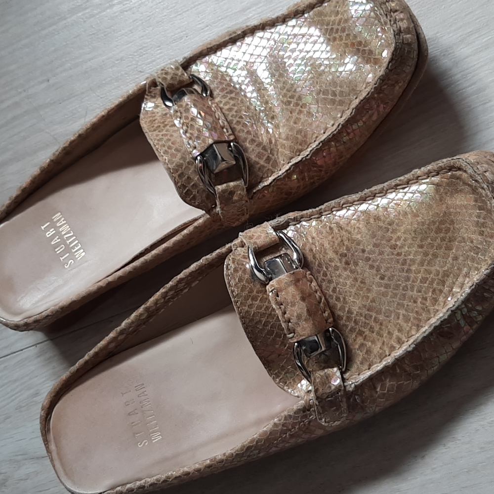 Stuart weitzman gold snake print leather slip on. 6